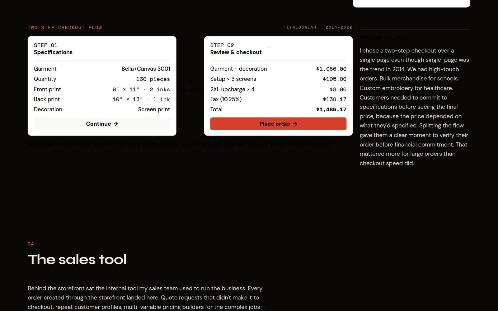 Fitness Wear's customer two-step checkout — a specifications step, then review and place order